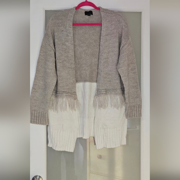 Lumiere Gray And White Fringe At Waist Long Cardigan Size M - Picture 5 of 7